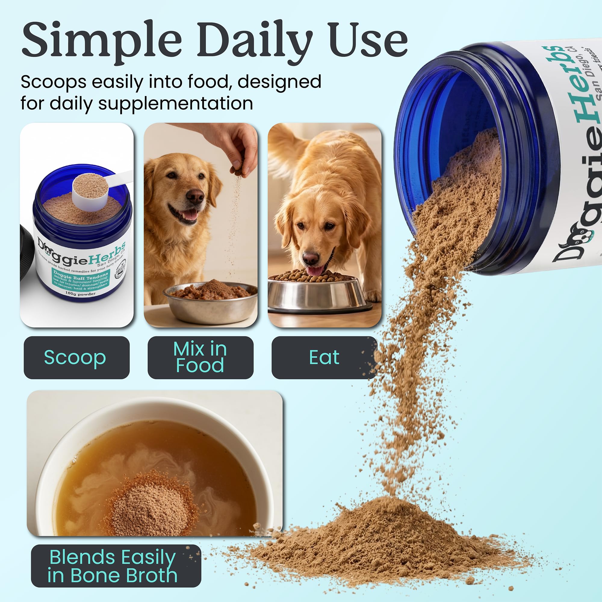 Doggie Herbs poudre mélangée à nourriture pour administration facile et appétente