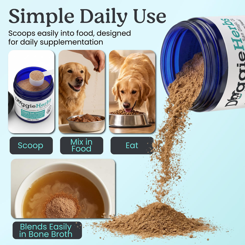 Doggie Herbs poudre mélangée à nourriture pour administration facile et appétente