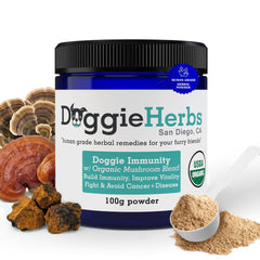 Doggie Herbs paquet avant montrant le format 100 g et la formulation critique