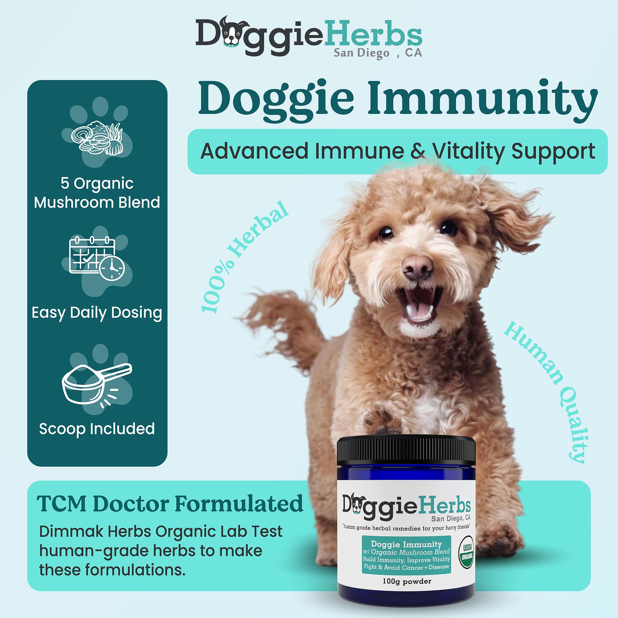 Doggie Herbs gros plan de la poudre illustrant texture fine et qualité concentrée