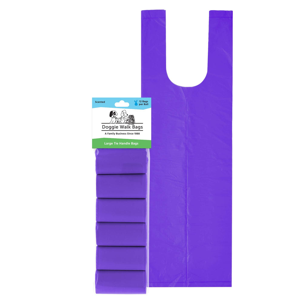 Doggie Walk Bags emballage avant lavande montrant 72 sacs et bénéfice praticité