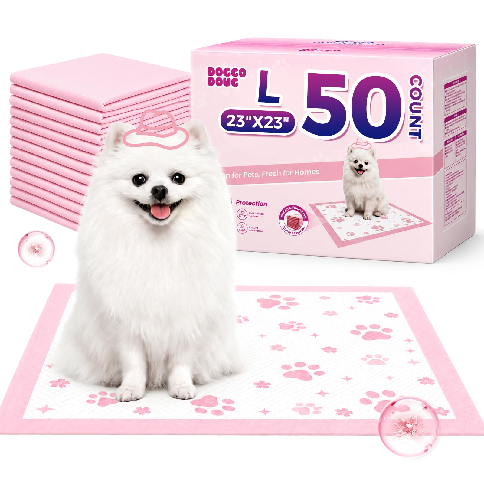 DOGGO DOUG face avant du paquet montrant 50 tapis, rangement facile