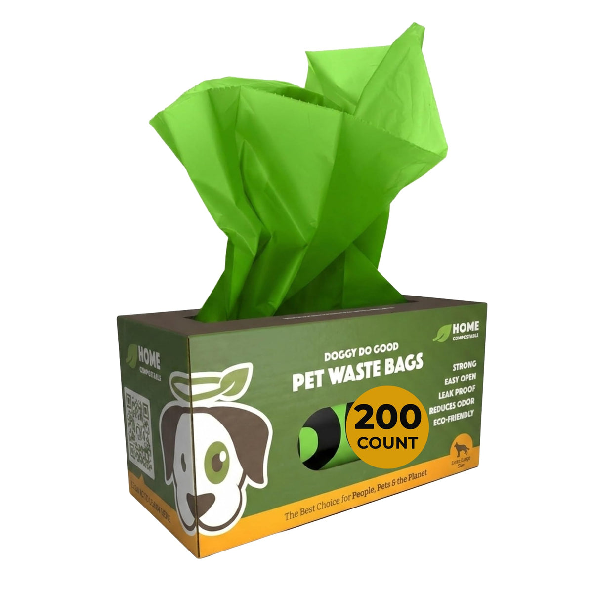 Doggy Do Good emballage avant montrant boîte de 200 sacs et facilité