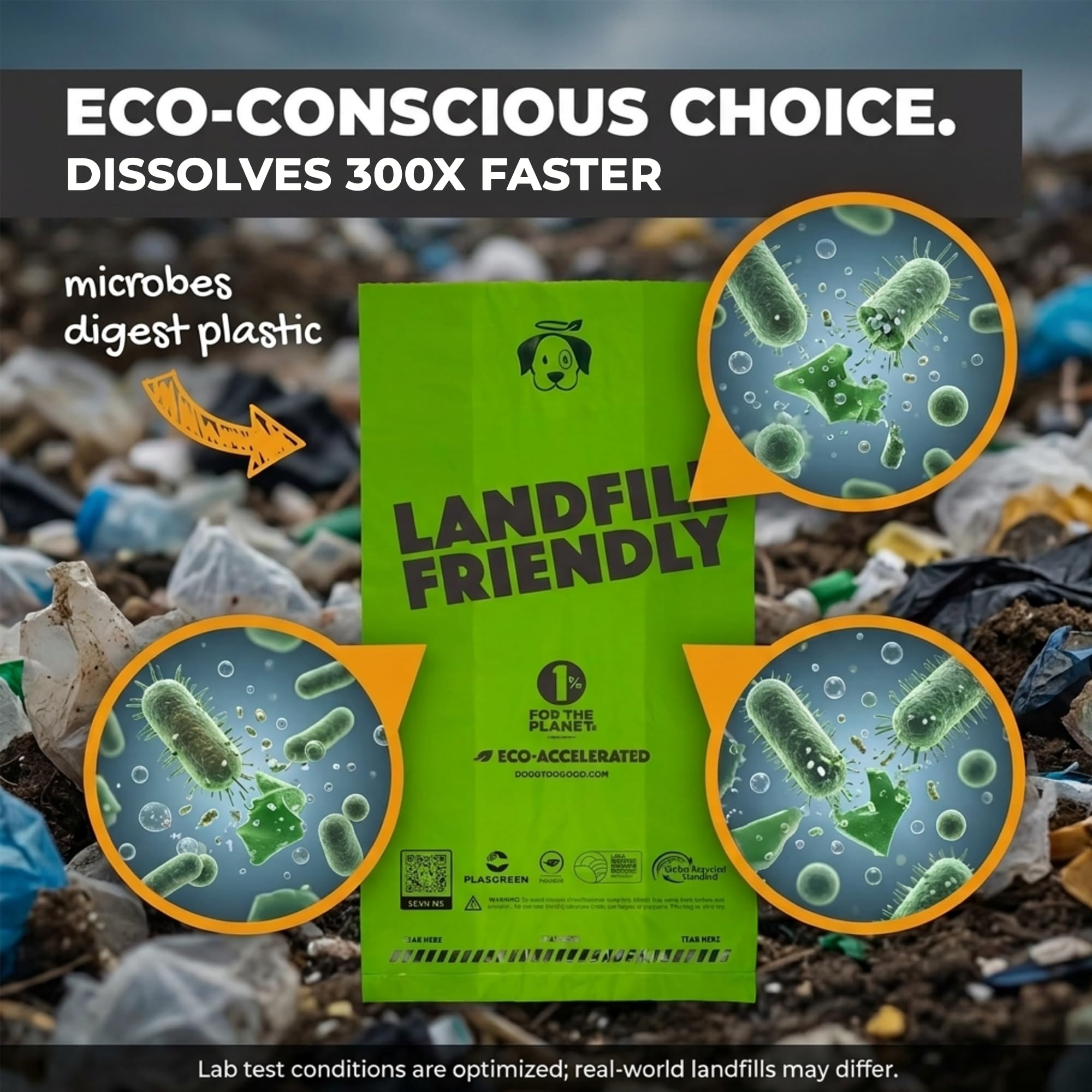Étiquette Doggy Do Good montrant composition recyclée et bio-sourcée, transparence