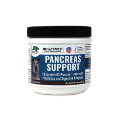 Dogzymes Pancreas Support pot avant montrant l'emballage et la marque, bénéfice confiance