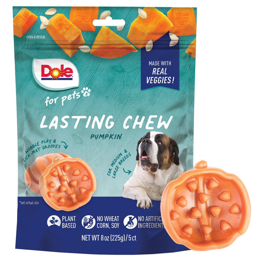 Dole sachet ouvert révélant cinq chews citrouille et portion 8 oz