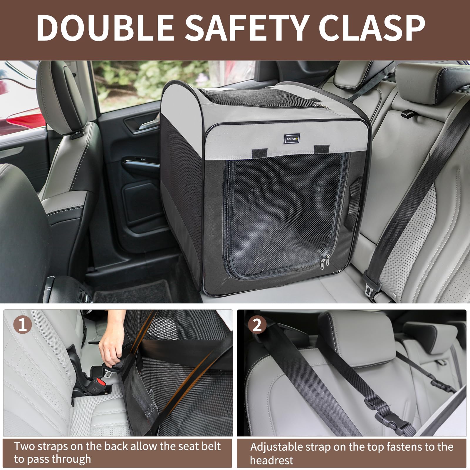 DONORO cage installée dans voiture pour voyage sûr et compact