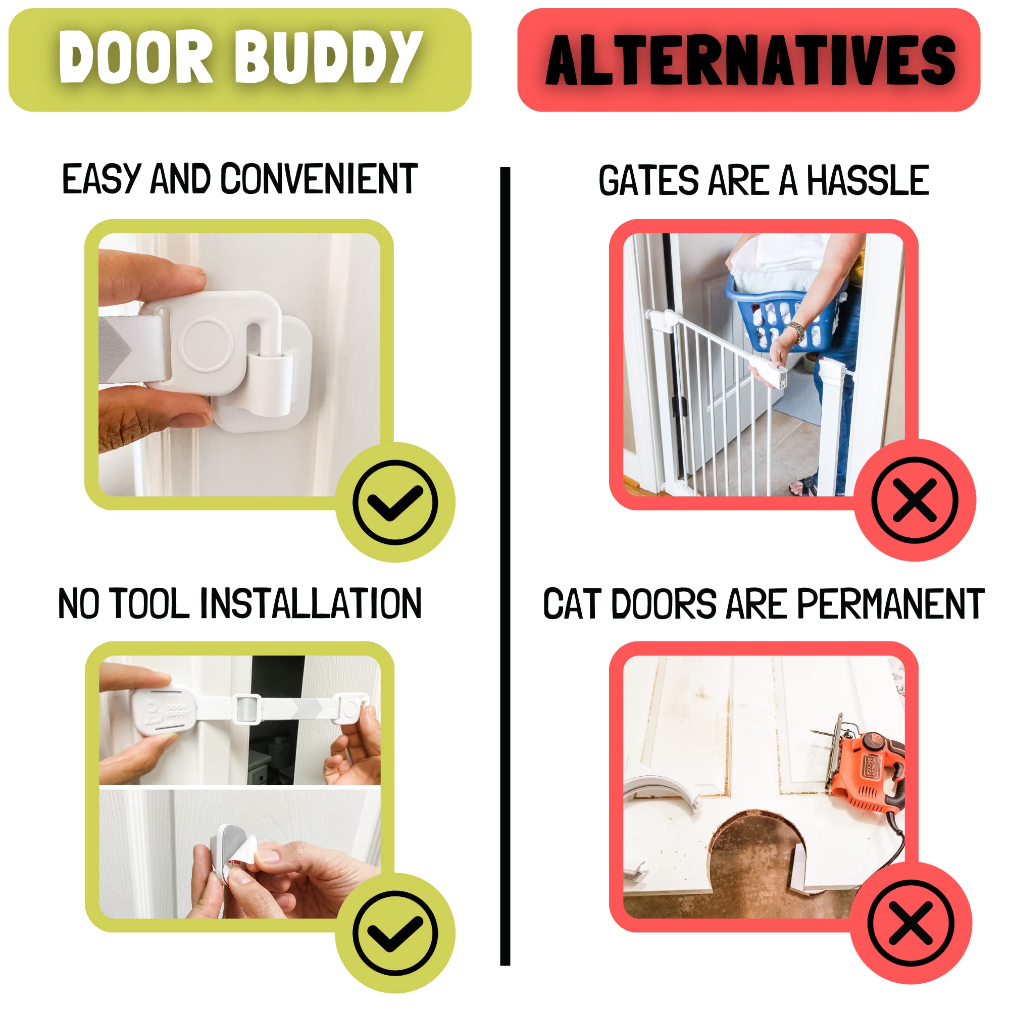 Door Buddy gros plan de la boucle et crochet montrant verrouillage sécurisé