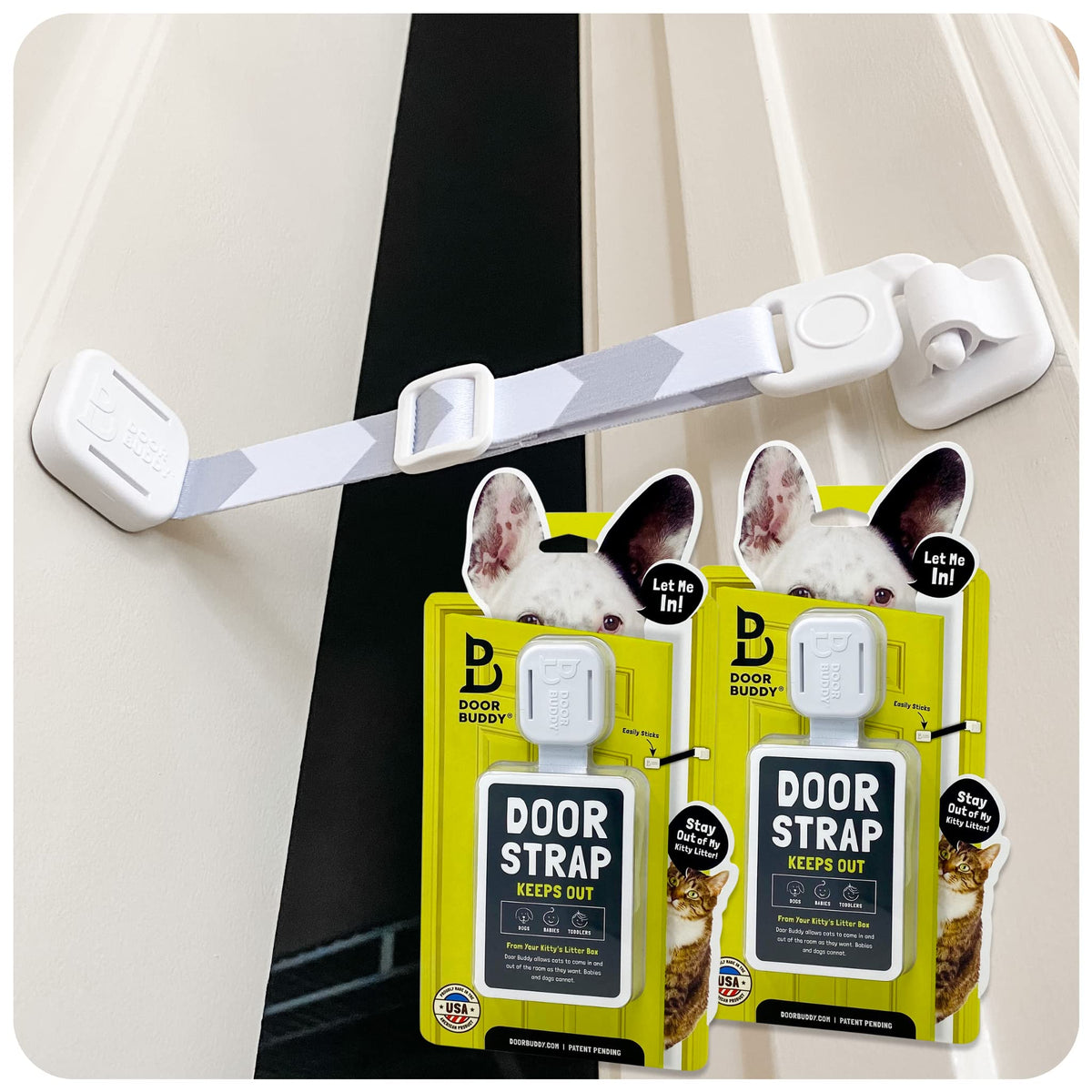 Door Buddy vue avant de l’emballage gris, solution compacte et pratique