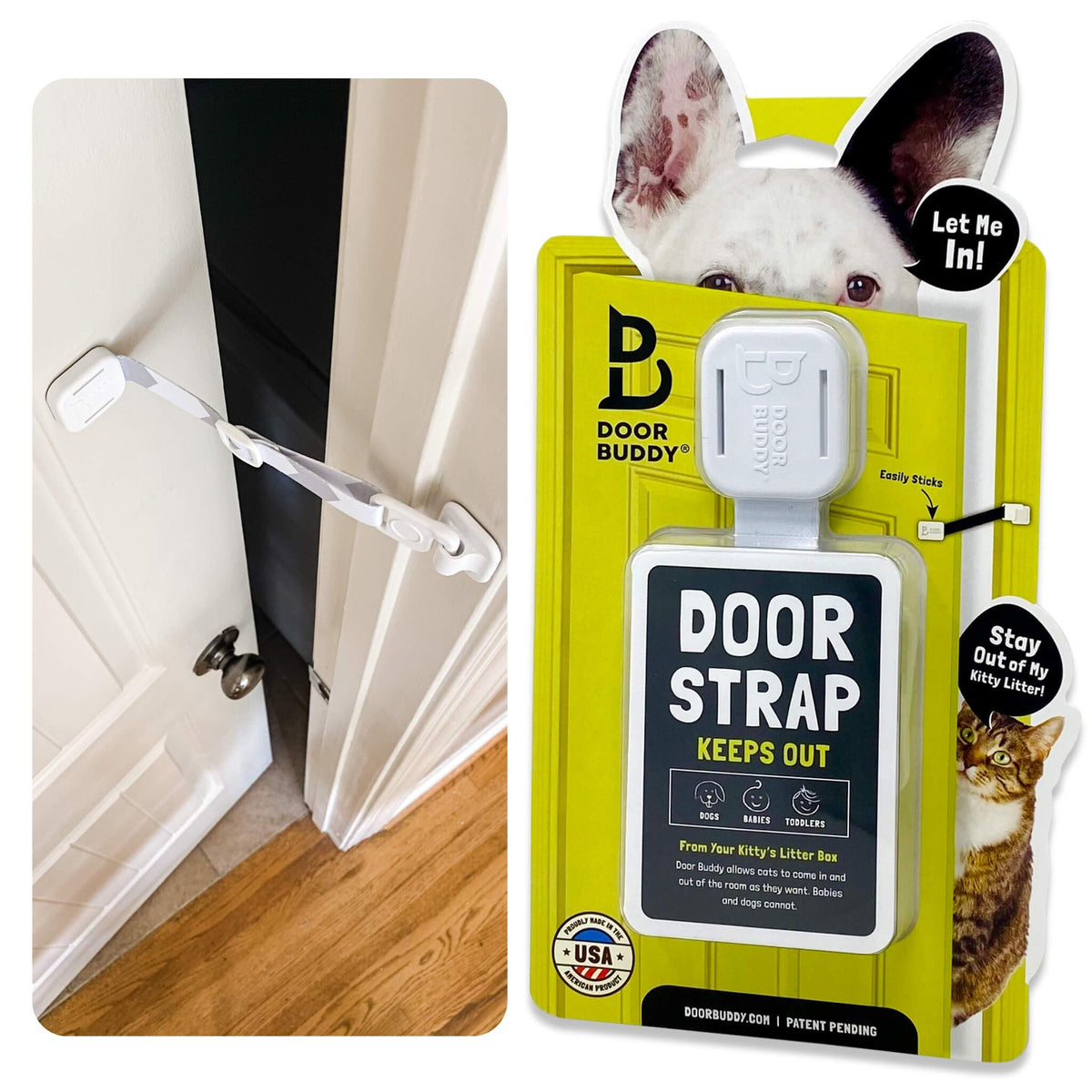 Door Buddy face avant du packaging montrant la sangle et bénéfice d'installation simple