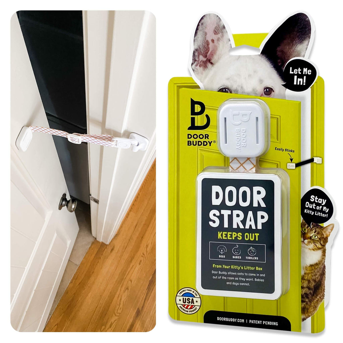 Door Buddy vue frontale sur porte entrouverte montrant contrôle d'accès pratique