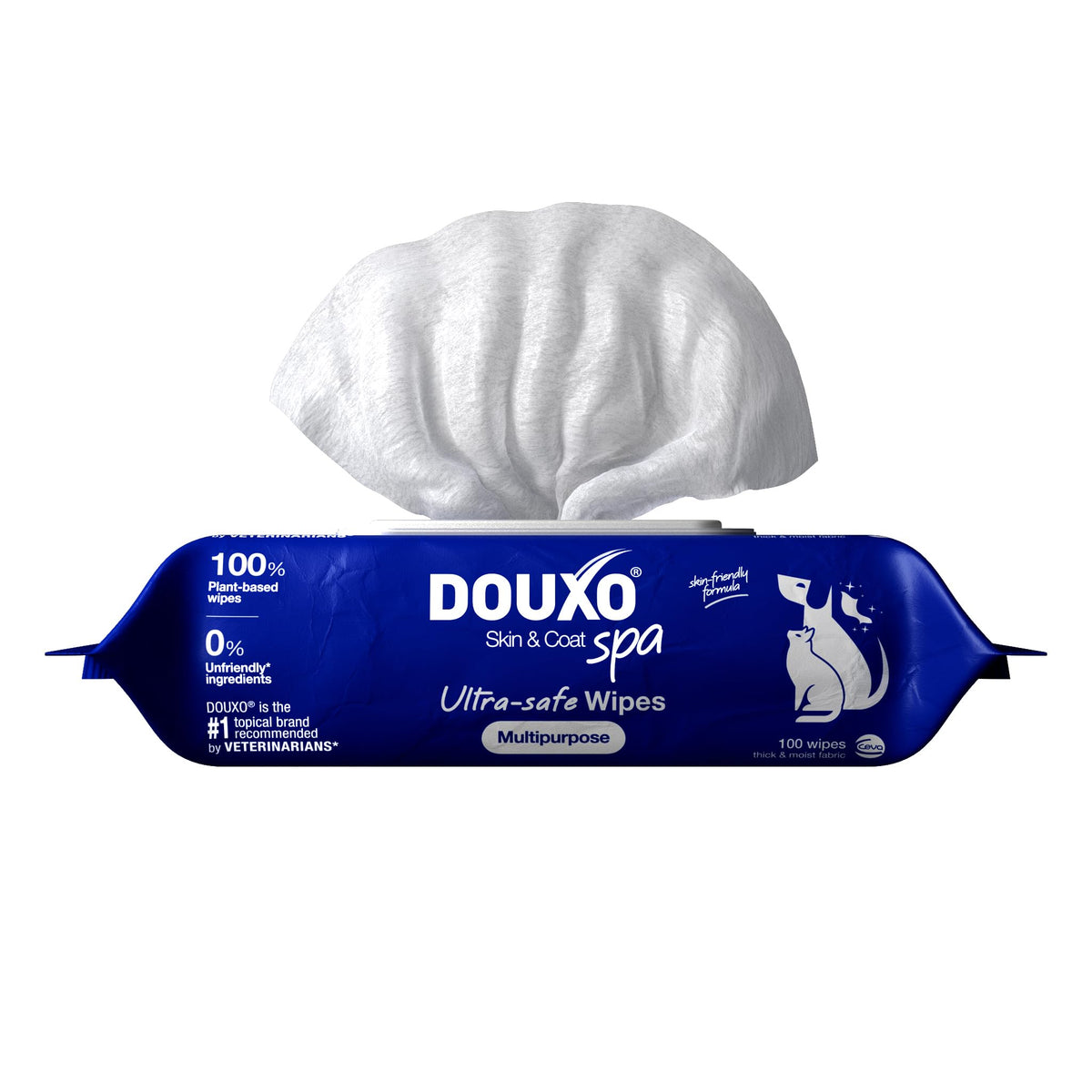 Douxo paquet avant montrant 100 lingettes, praticité pour soins rapides