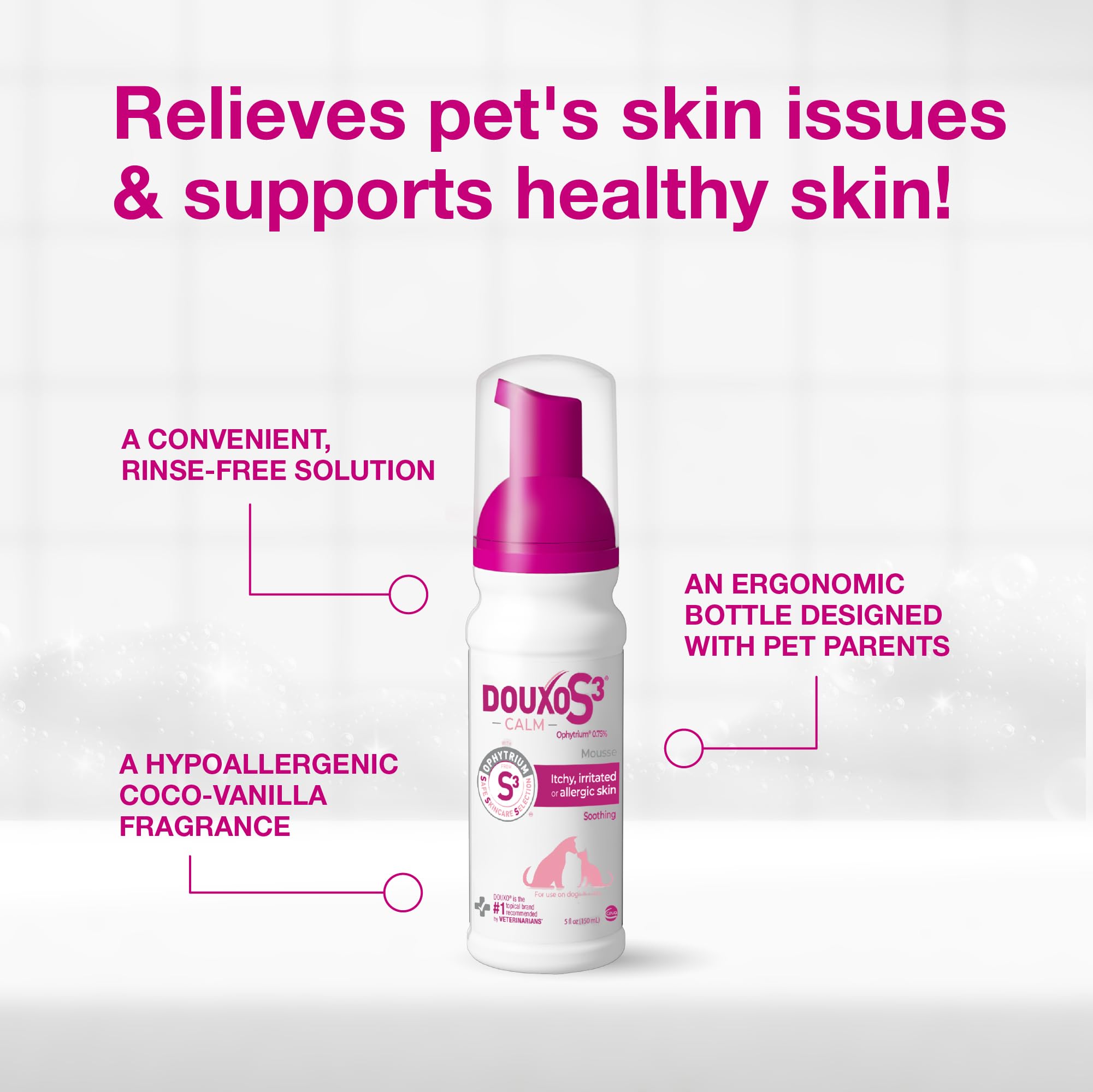 Douxo S3 Calm mousse utilisée sur oreille de chat pour calmer irritation locale