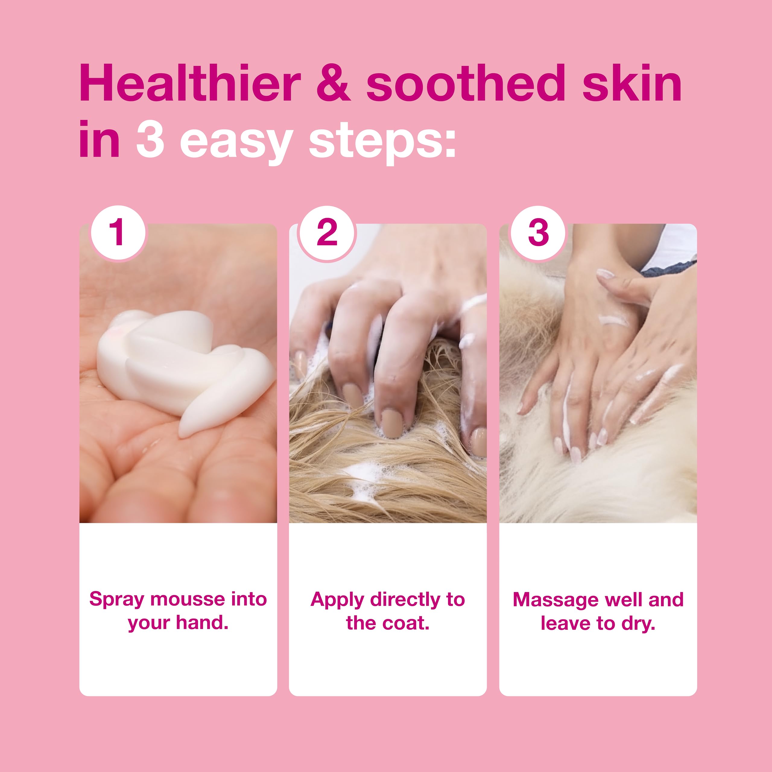 Main appliquant Douxo S3 Calm mousse pour démontrer usage sans rinçage