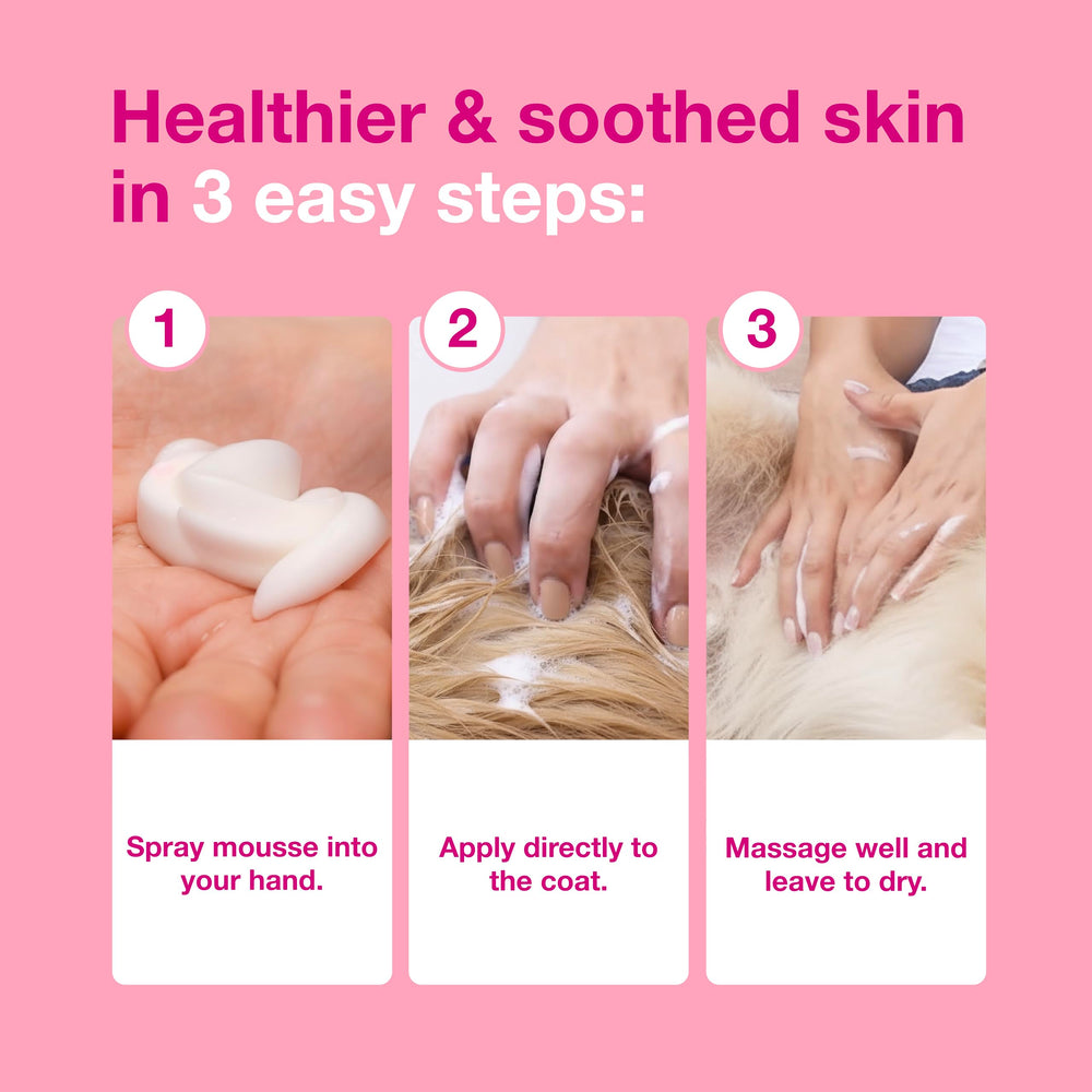 Main appliquant Douxo S3 Calm mousse pour démontrer usage sans rinçage