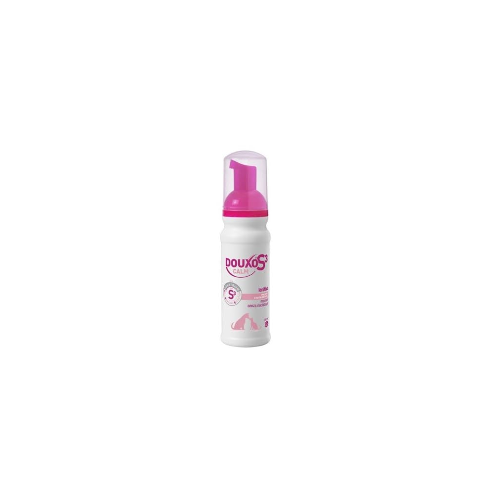 Douxo S3 Calm mousse emballage avant montrant le flacon et bénéfice apaisant