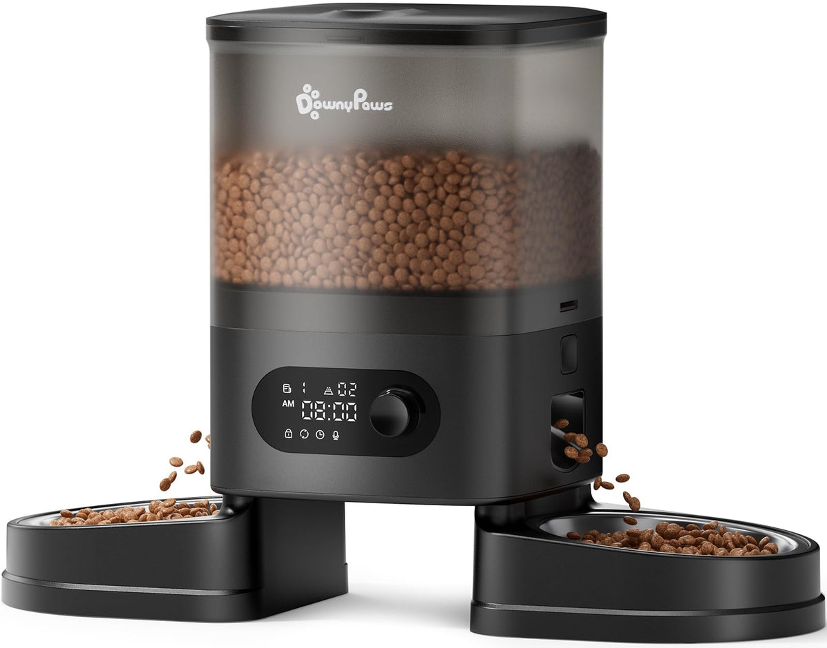 DownyPaws distributeur face avant montrant double gamelle et distribution équitable