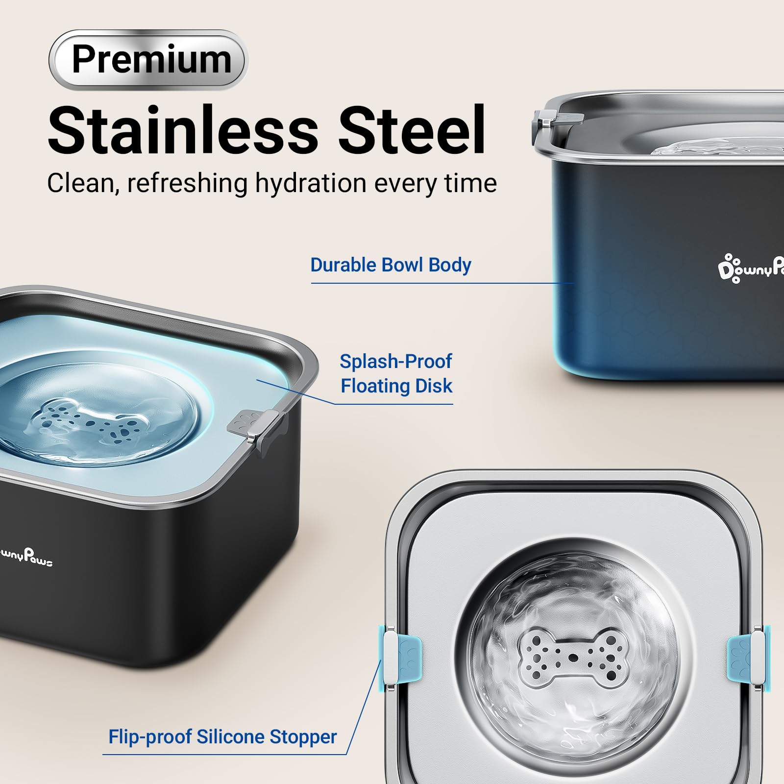 DownyPaws comparaison taille montre capacité 3L idéale pour chiens moyens