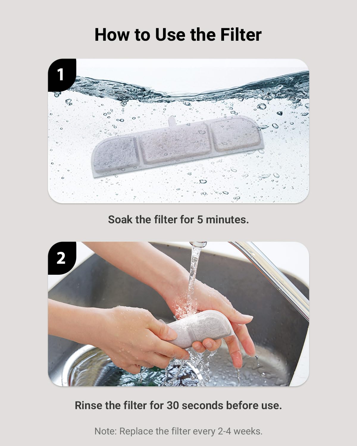 DownyPaws filtre installé dans la fontaine en fonctionnement pour eau plus claire