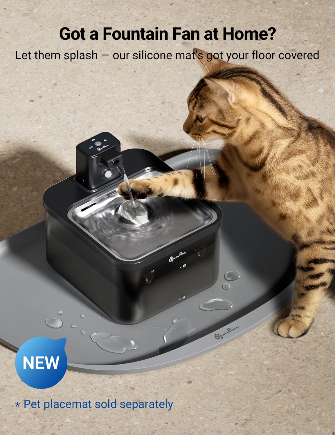 DownyPaws fontaine en salon montrant usage sans fil et placement polyvalent