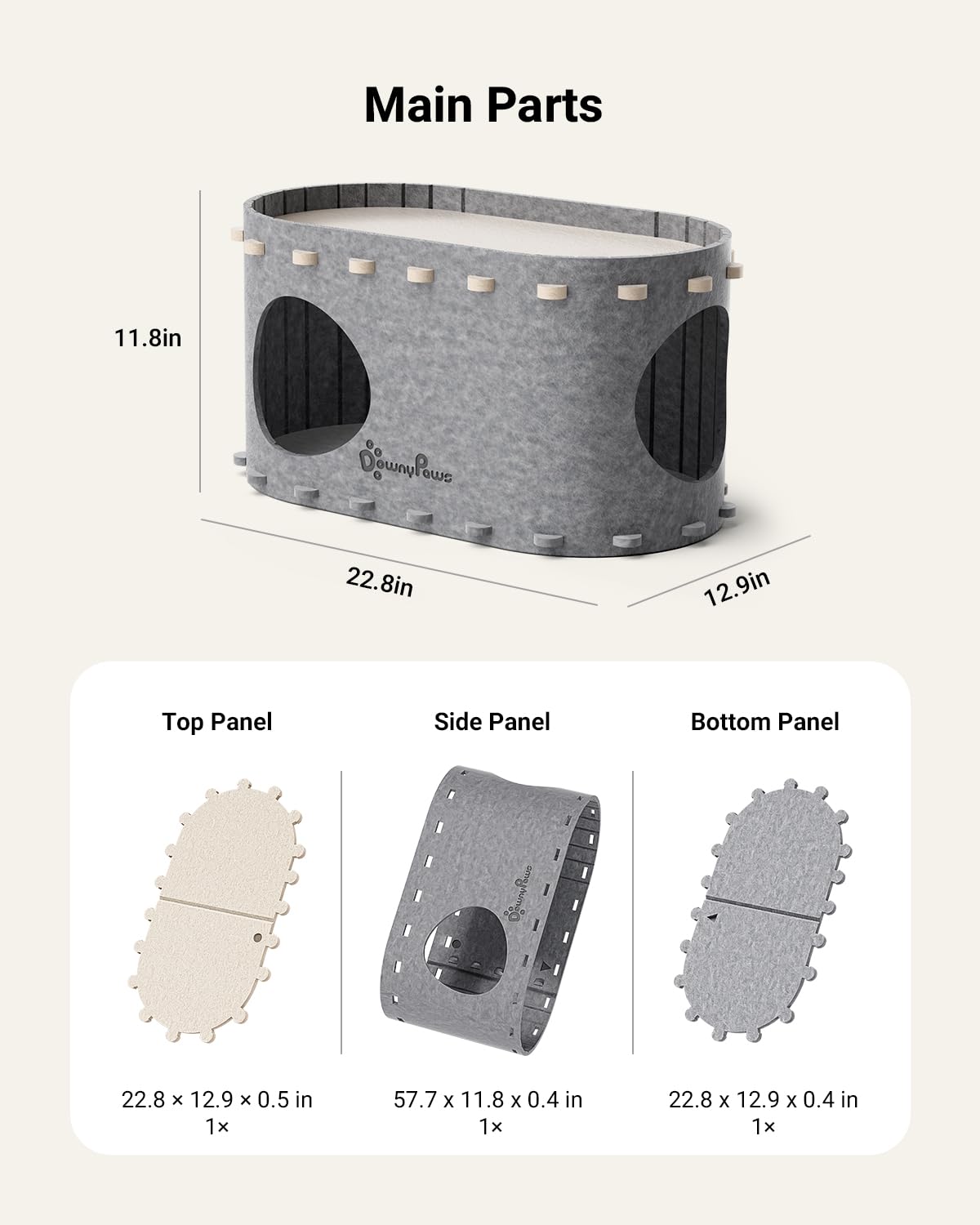 DownyPaws étiquette matériau indiquant composition durable et soins