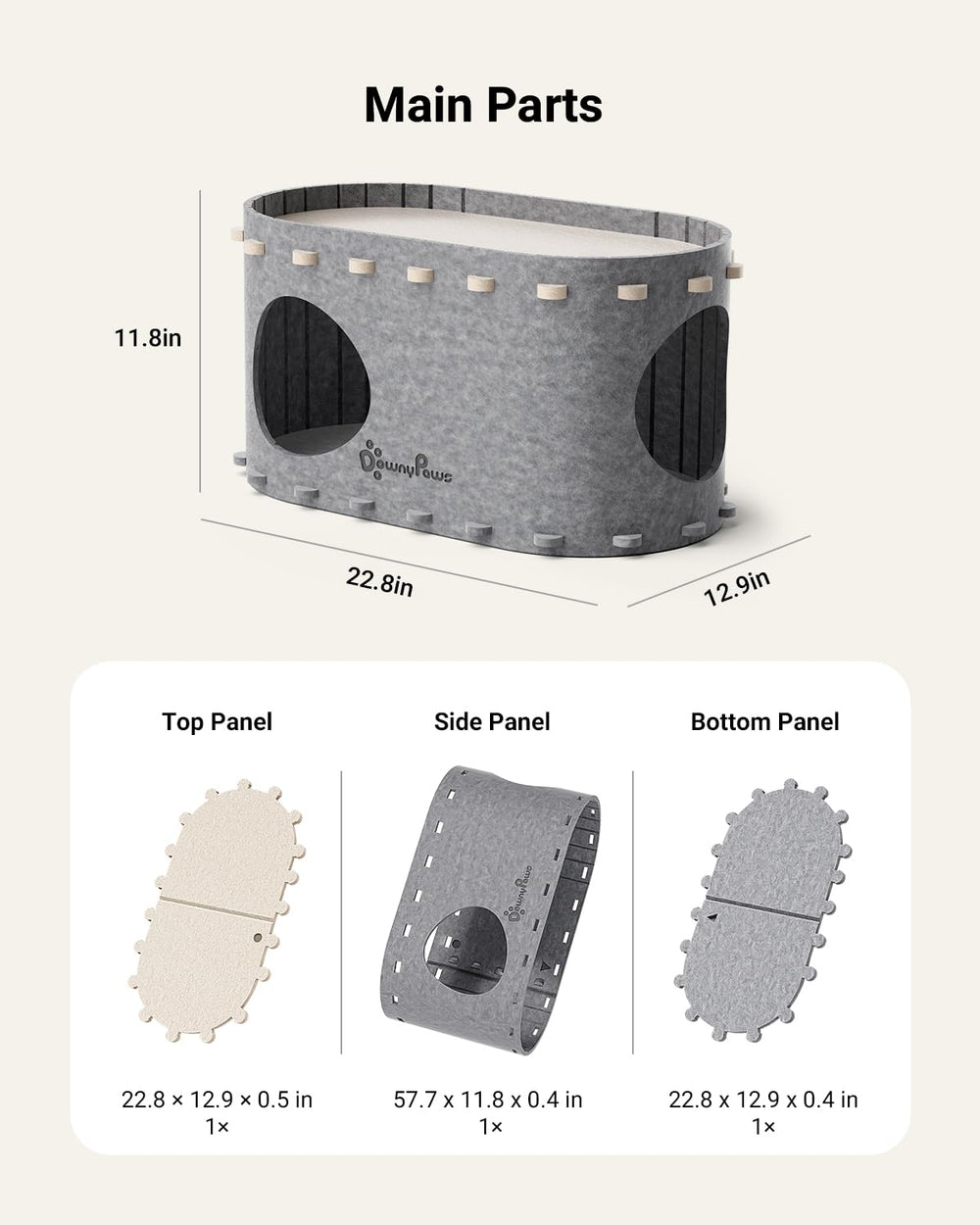DownyPaws étiquette matériau indiquant composition durable et soins