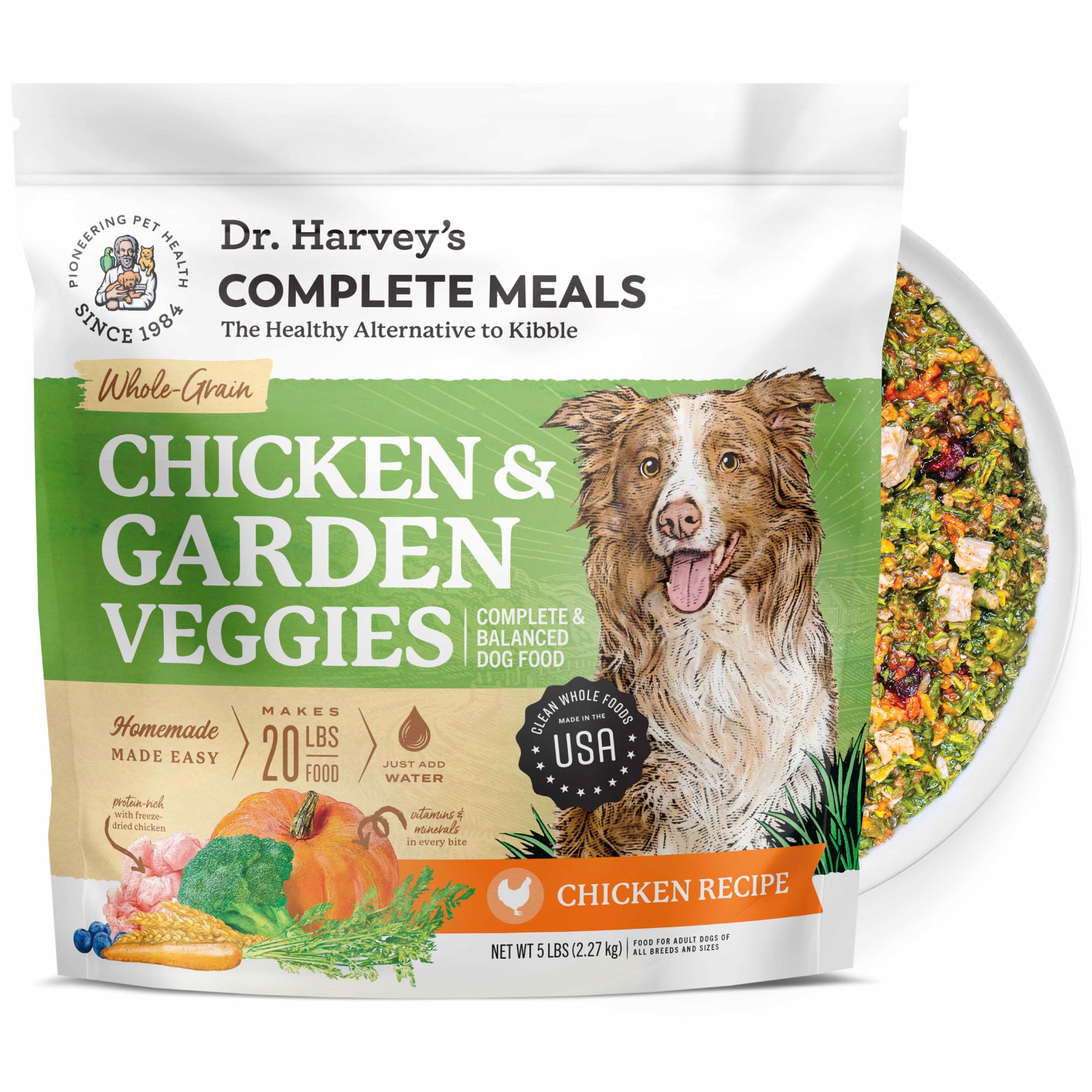 Dr. Harvey's emballage avant montrant recette poulet et légumes, qualité alimentaire