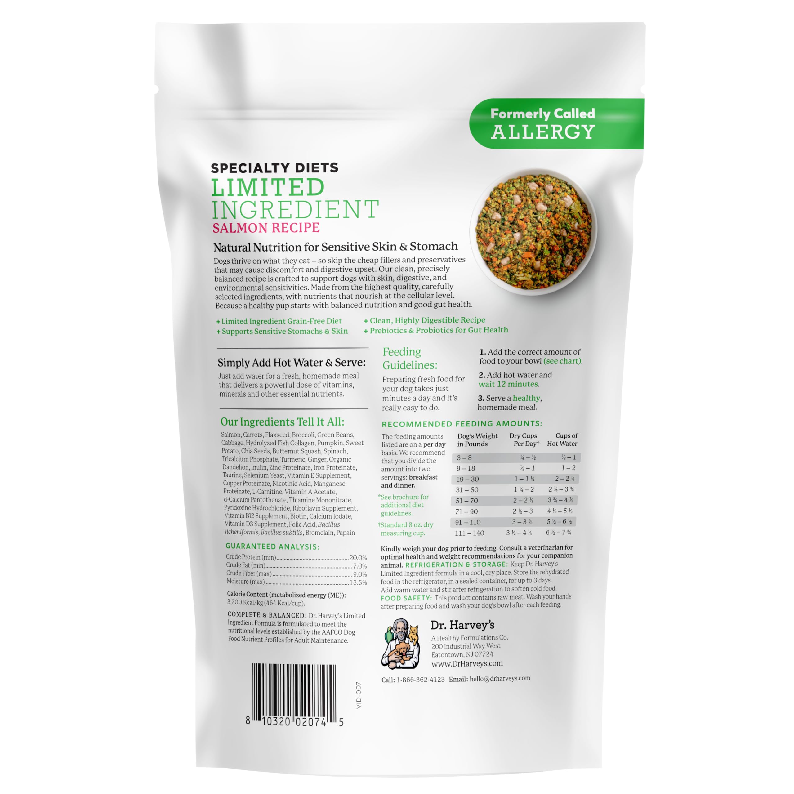 Dr. Harvey's étiquette nutritionnelle montrant valeurs analytiques claires