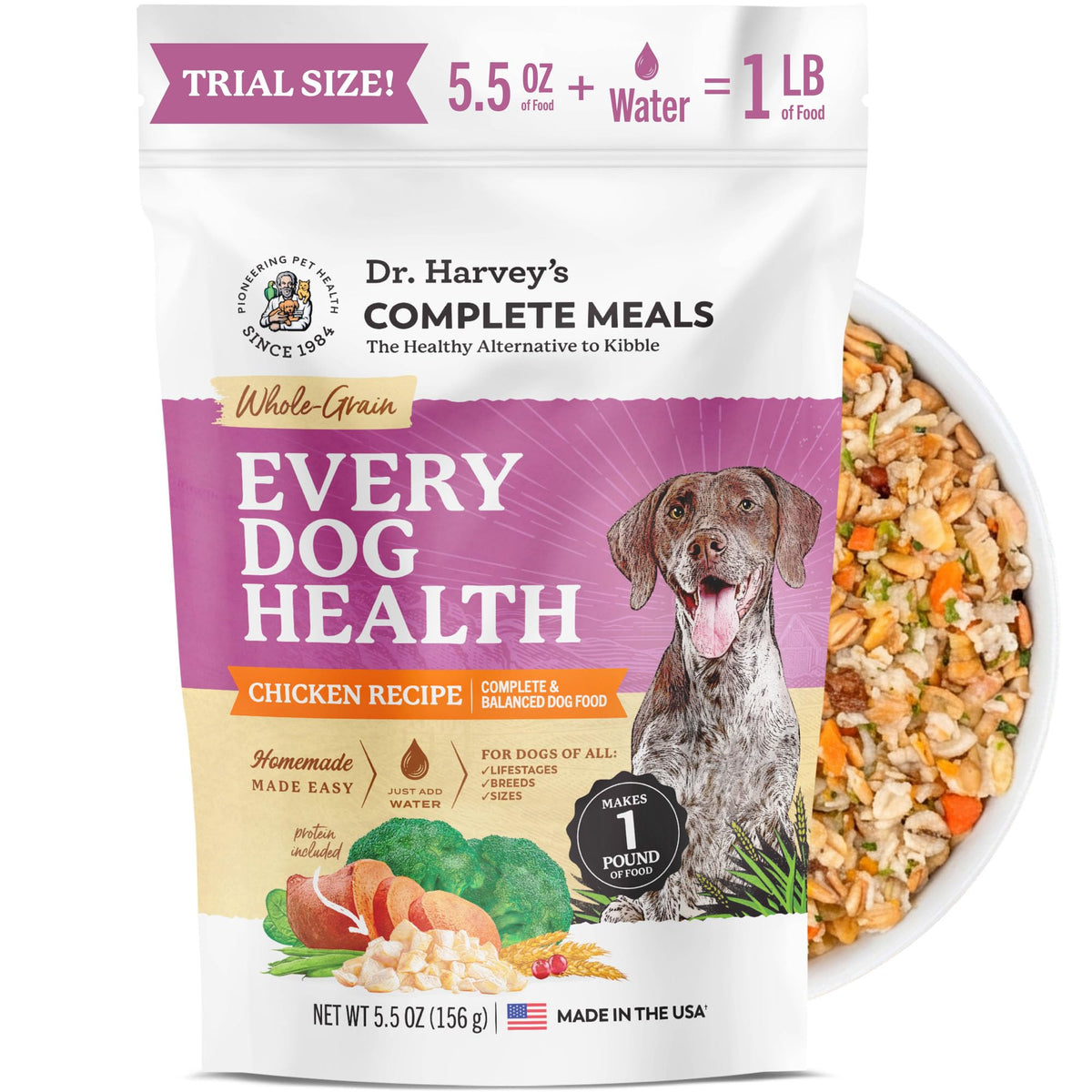 Dr. Harvey's paquet face poulet montrant ingrédients visibles et praticité