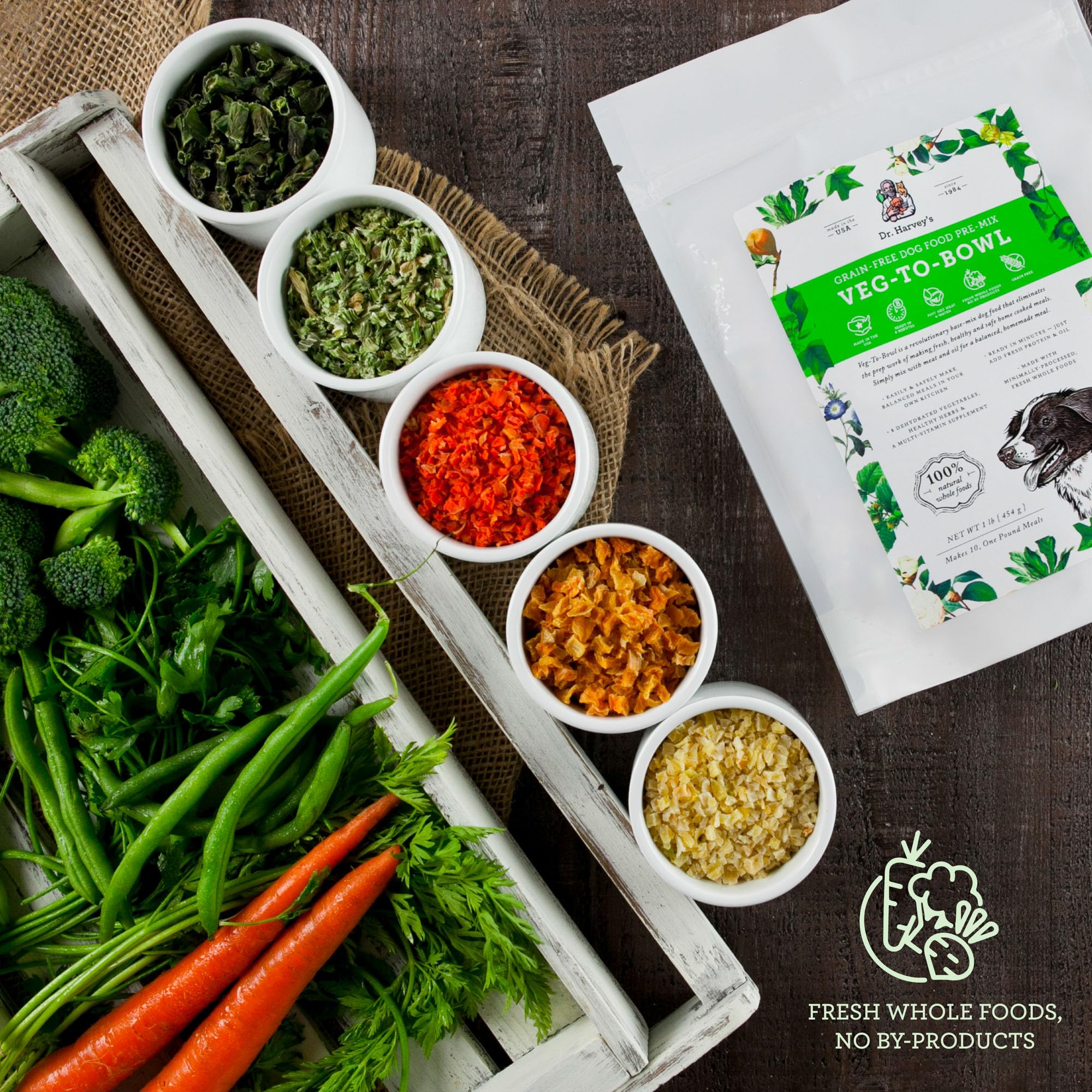 Ingrédients bruts: mélange de légumes déshydratés de Dr. Harvey's montrant densité nutritionnelle