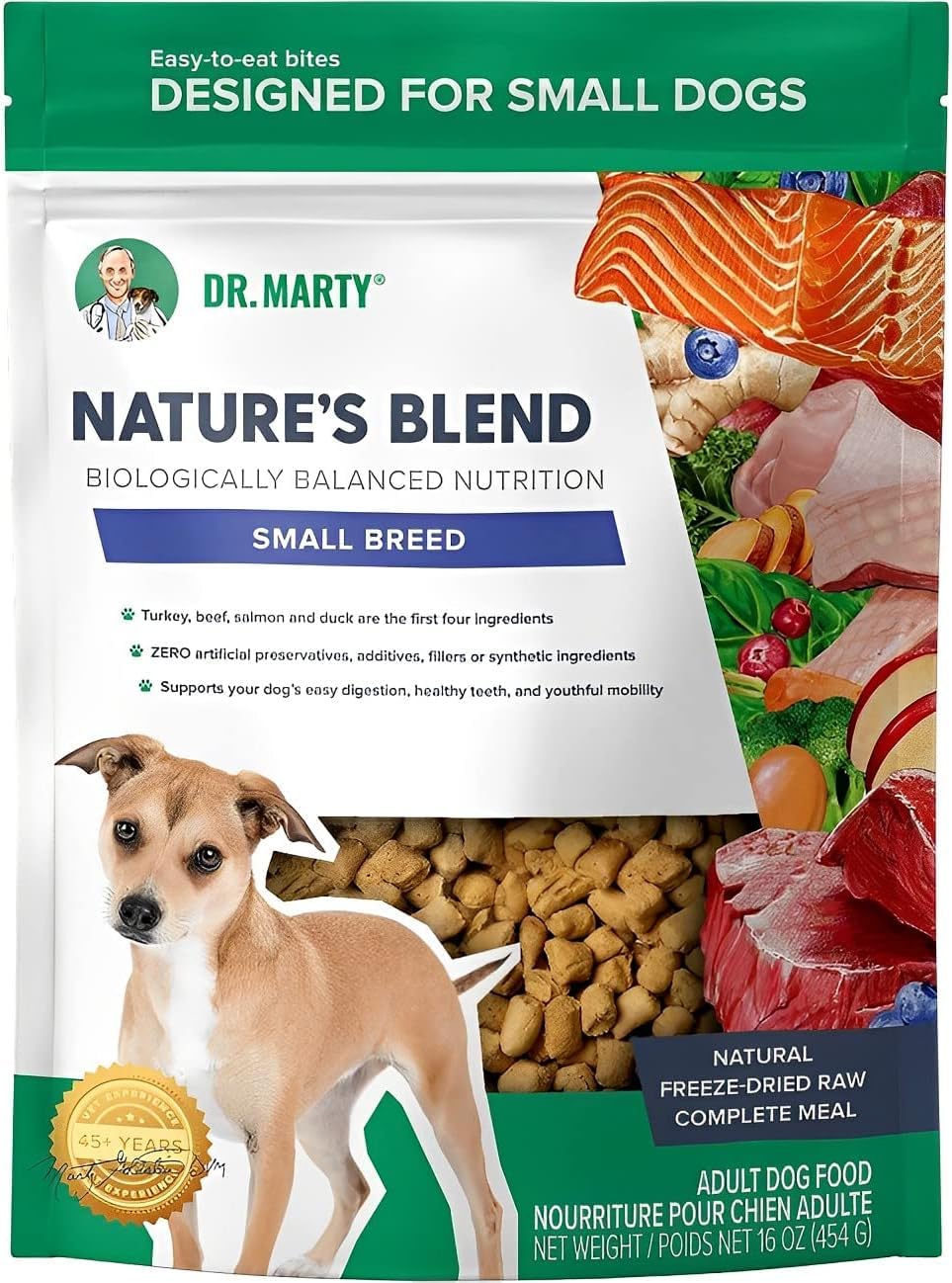 Dr. Marty packaging avant montrant le pack essentiel pour petits chiens et bénéfices nutritionnels