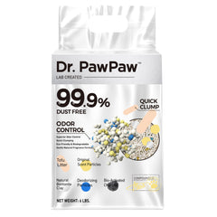 Dr. PawPaw emballage frontal montrant format 6 lb et avantage sans poussière