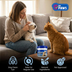 Dr. Paws lingette en usage sur chat pour confort oculaire rapide