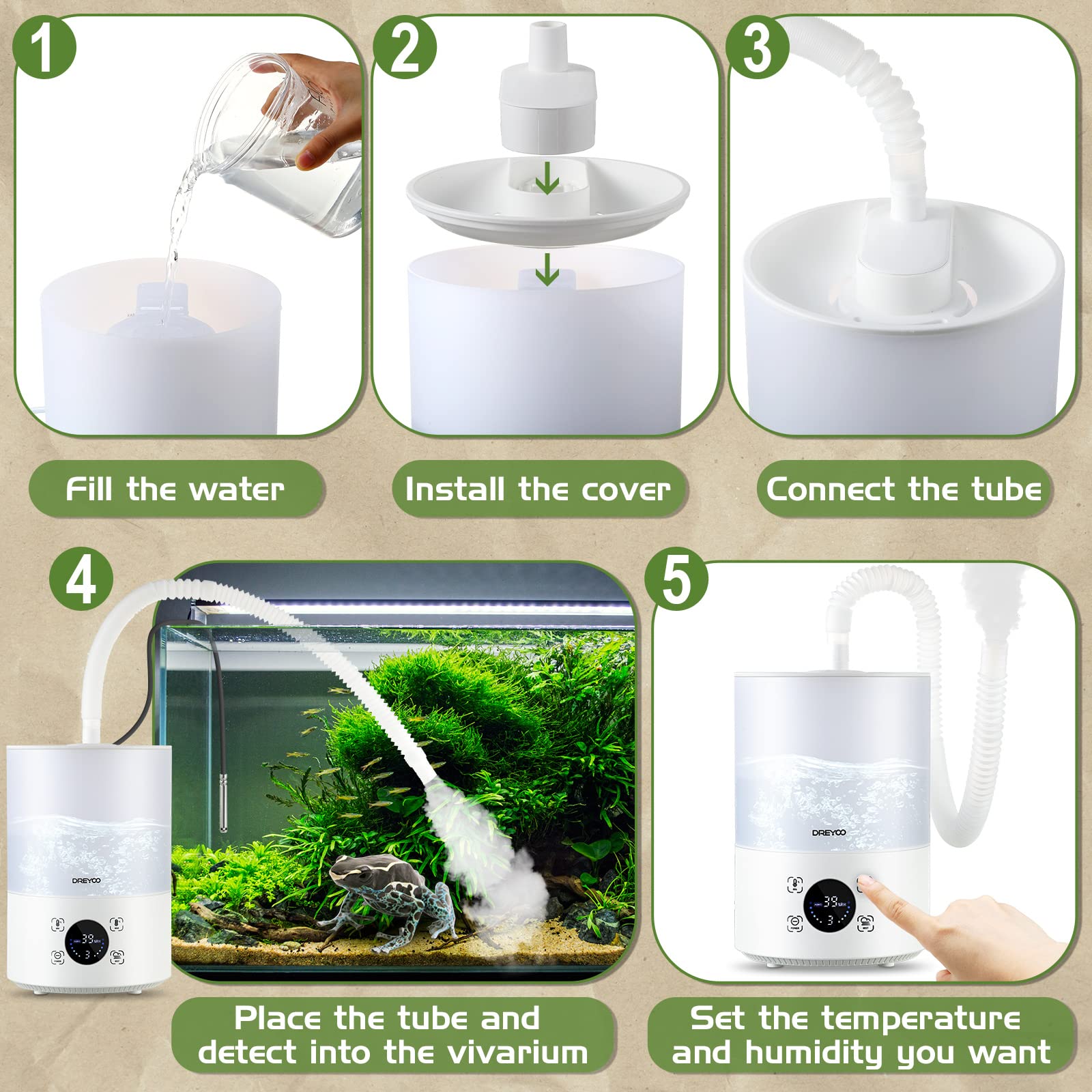 Dreyoo en usage dans terrarium montrant confort pour reptiles