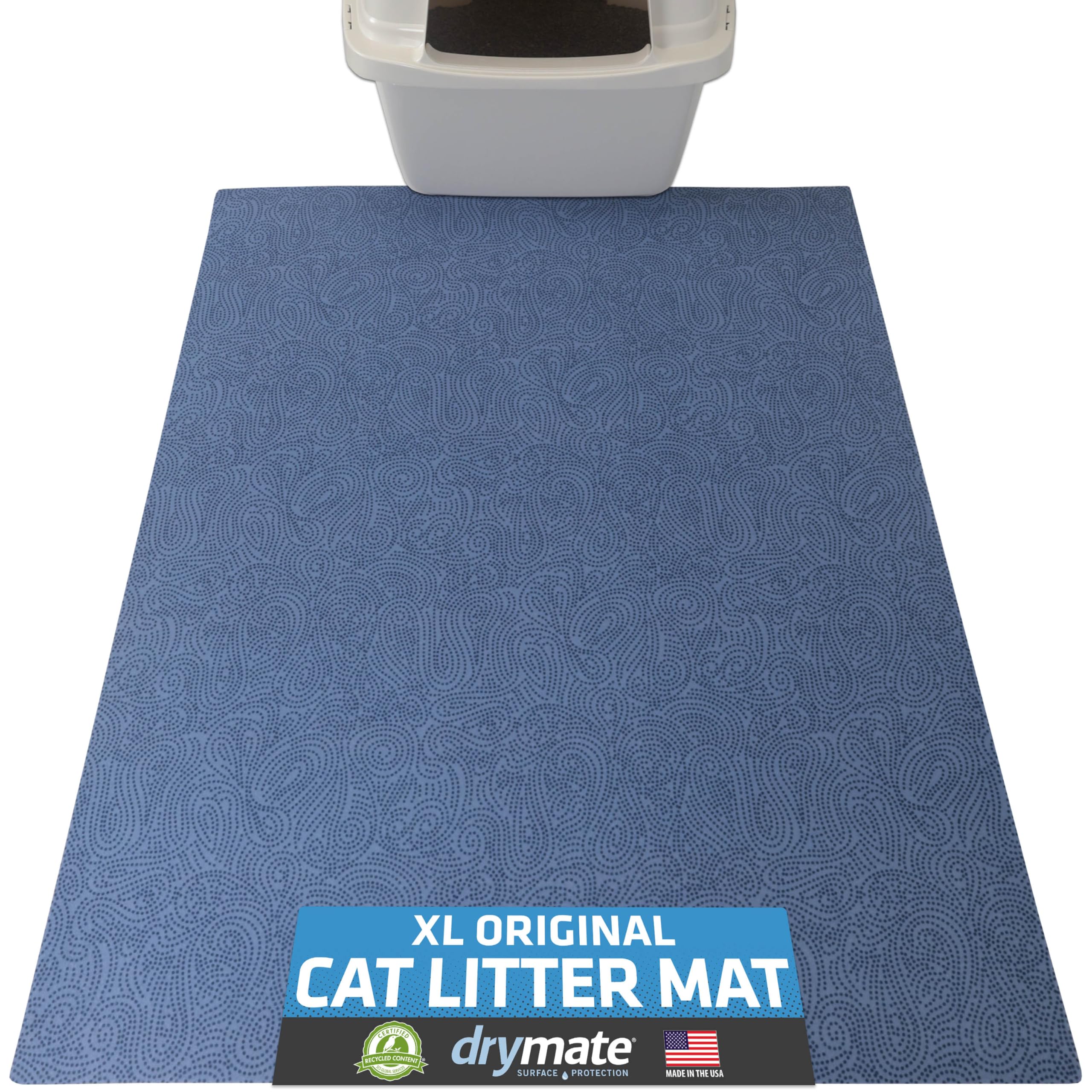 Drymate tapis face avant bleu montrant design et dimensions, solution anti-litière