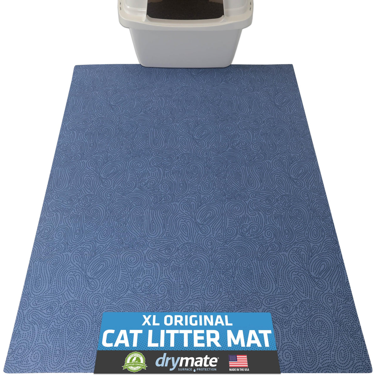 Drymate tapis face avant bleu montrant design et dimensions, solution anti-litière