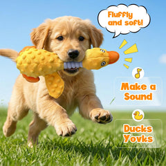 Duck Dog Squeak Toy à côté d'une main pour montrer l'échelle et choix de taille sûr