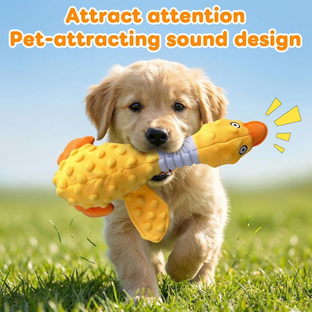 Duck Dog Squeak Toy ouverture montrant le couineur intérieur sécurisé et durable