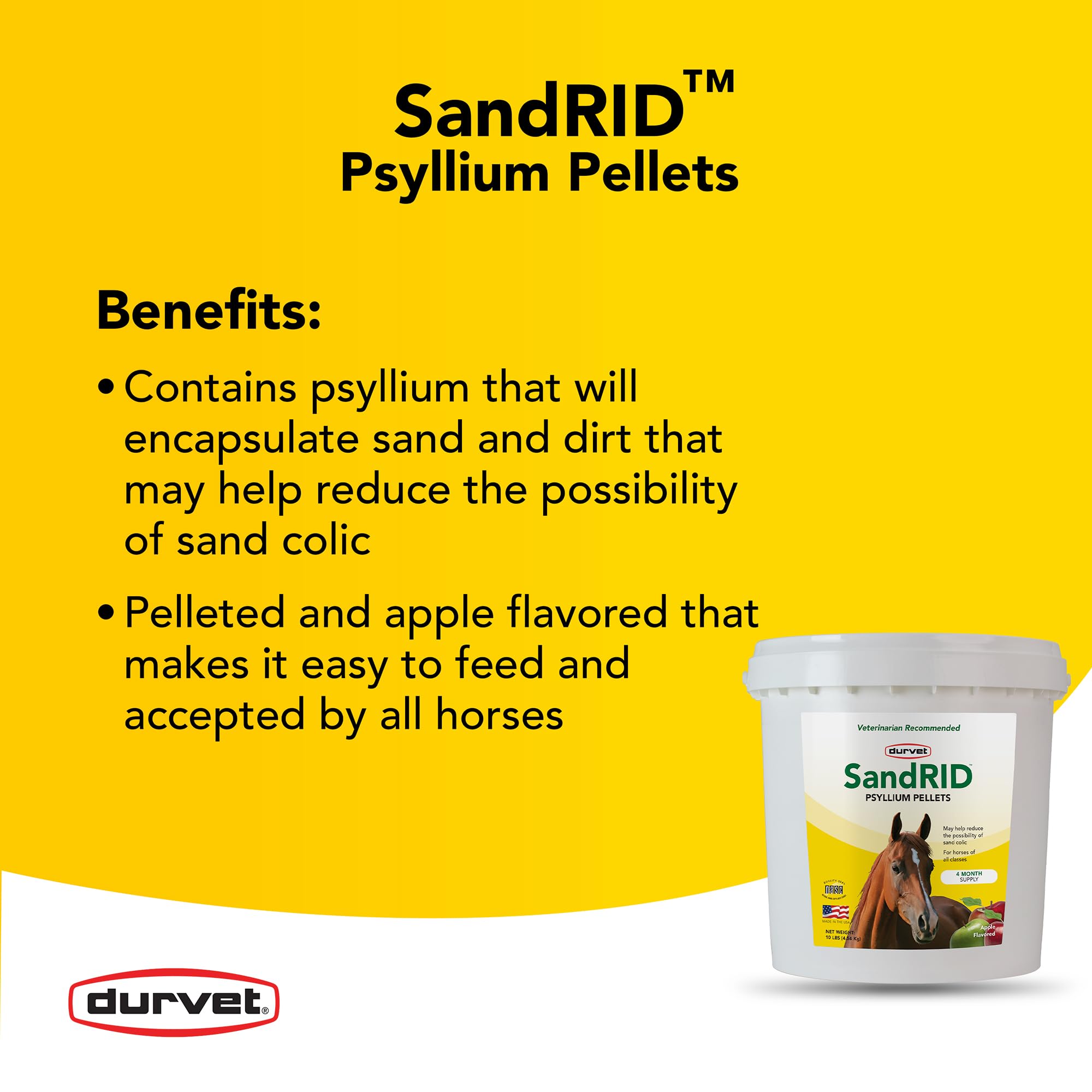 Durvet Sandrid gros plan sur pellets de psyllium montrant texture gélifiante utile