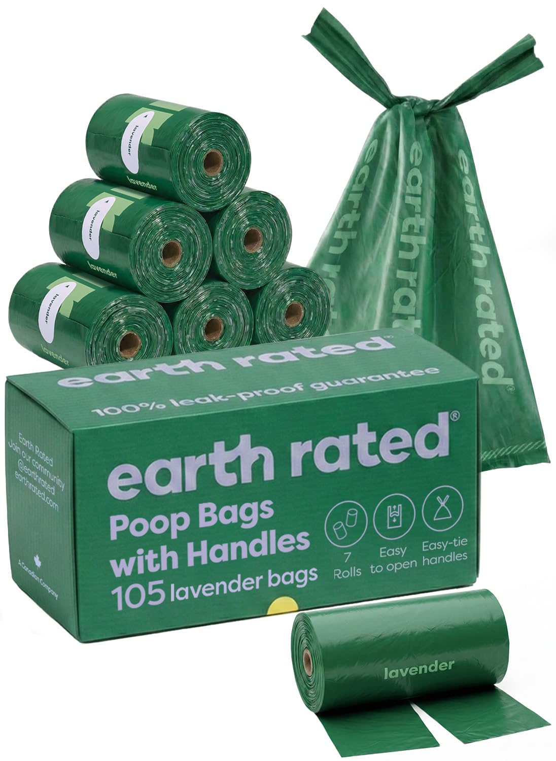 Earth Rated avant du paquet montrant 105 sacs lavande, praticité instantanée