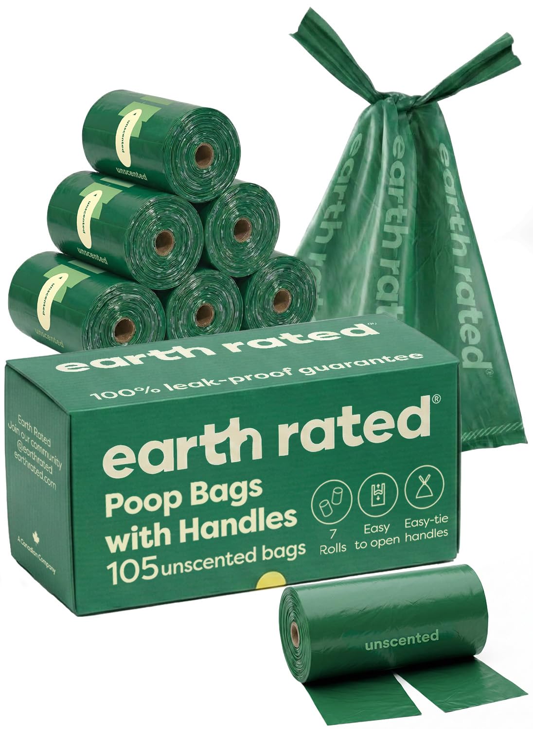 Earth Rated emballage avant montrant 105 sacs et infos produit, pratique
