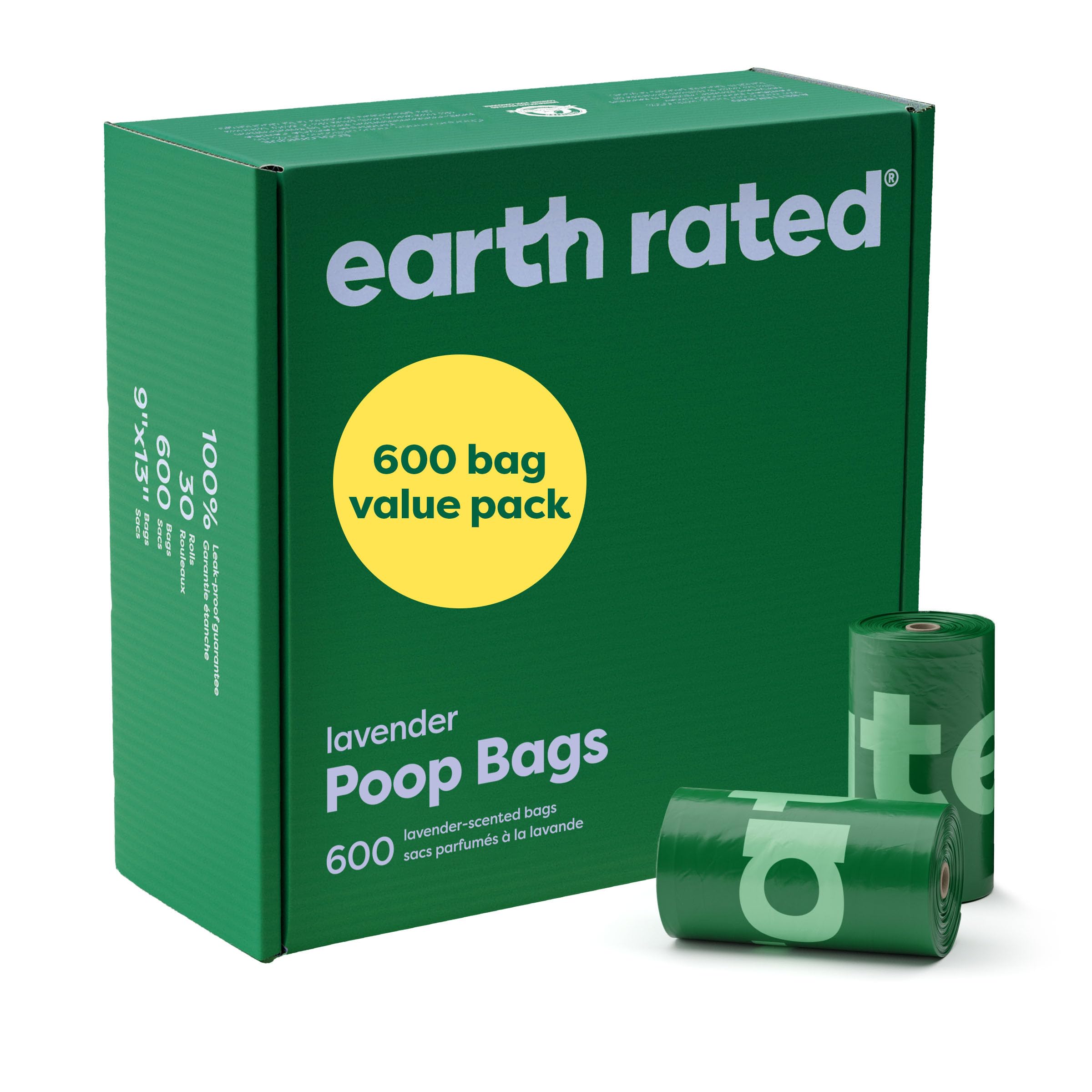 Earth Rated emballage avant montrant 30 rouleaux et le parfum lavande, praticité immédiate