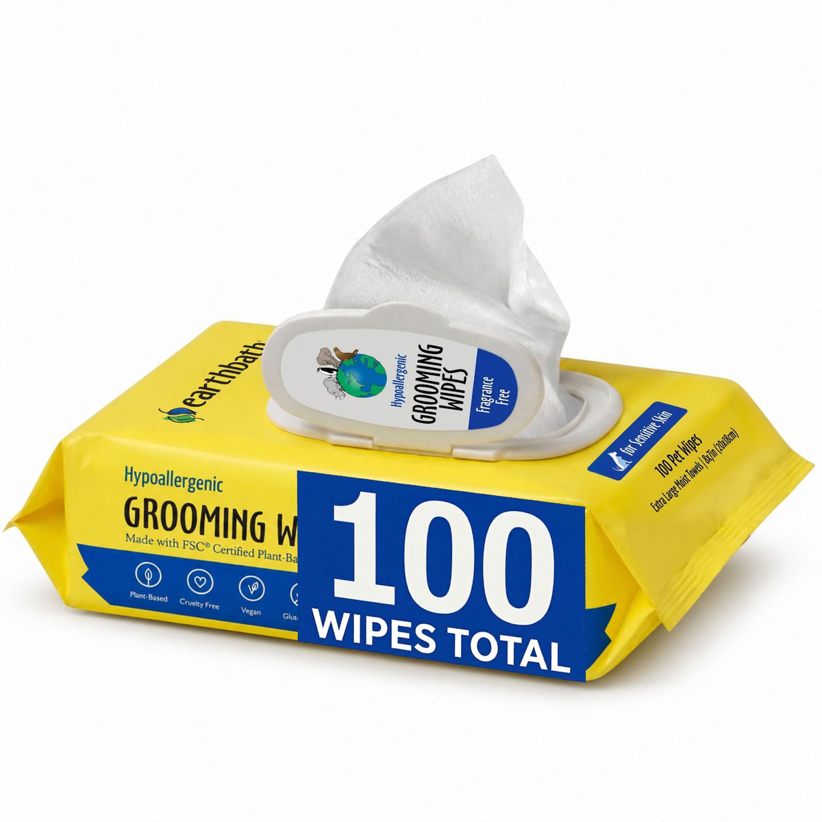 earthbath emballage avant montrant 100 lingettes et bénéfice praticité