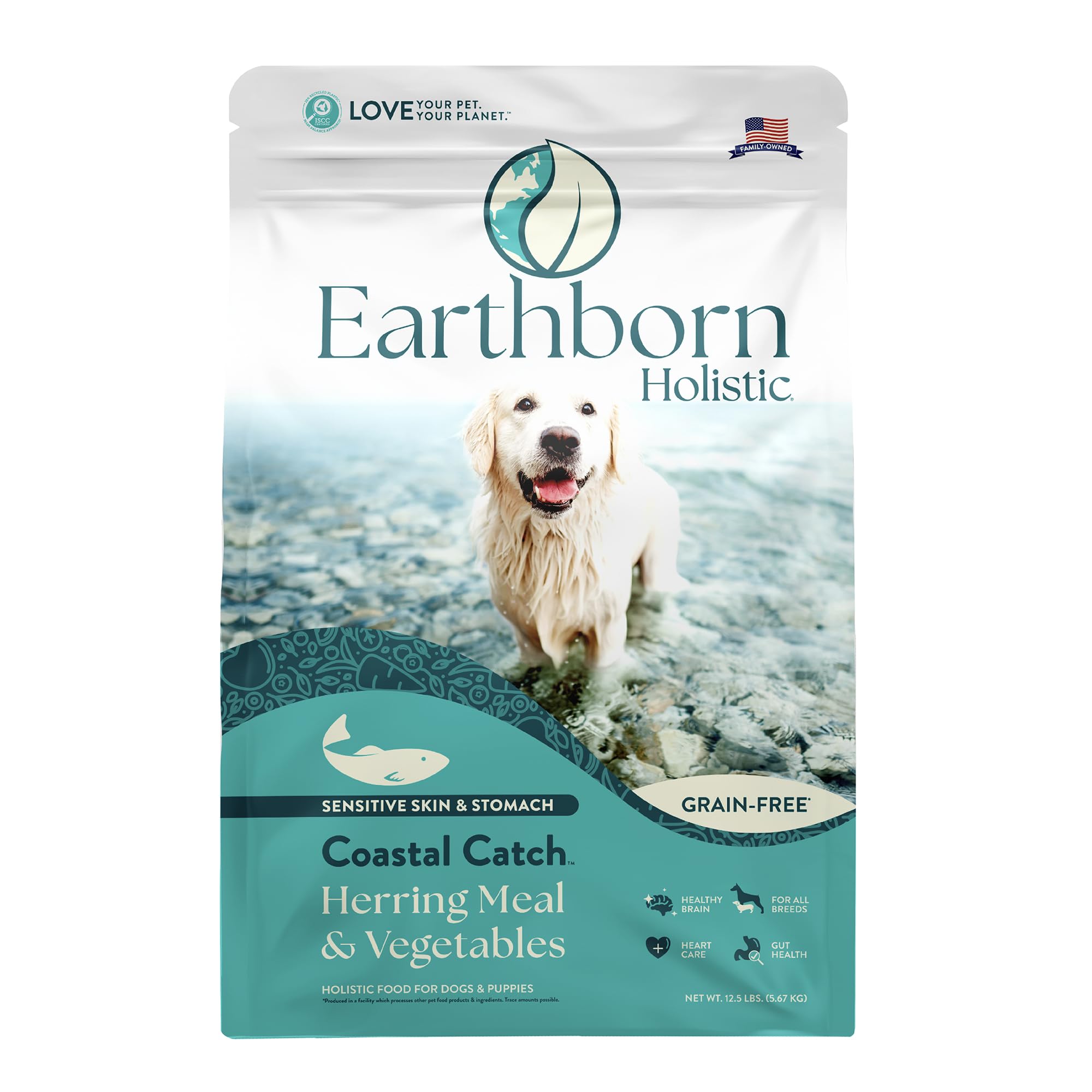 Earthborn Holistic paquet Coastal Catch face avant montrant recette au poisson