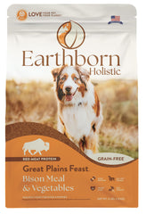 Earthborn Holistic sac Great Plains Feast vue de face montrant étiquette et bénéfices