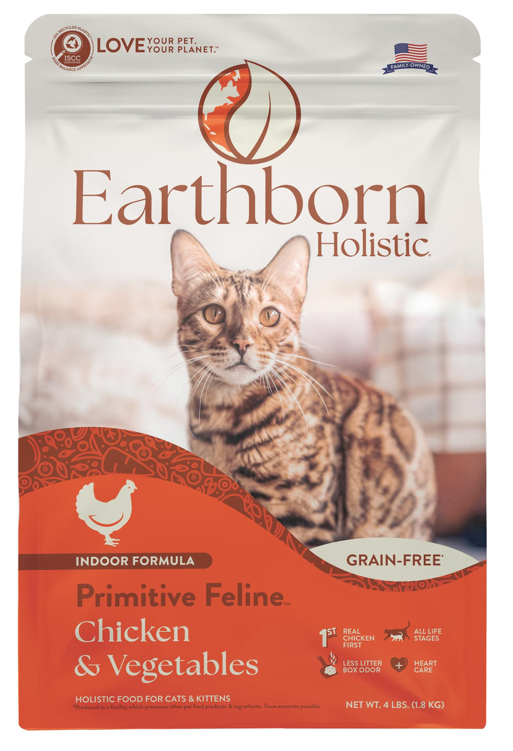 Earthborn Holistic sac avant montrant la marque et bénéfice nutritionnel