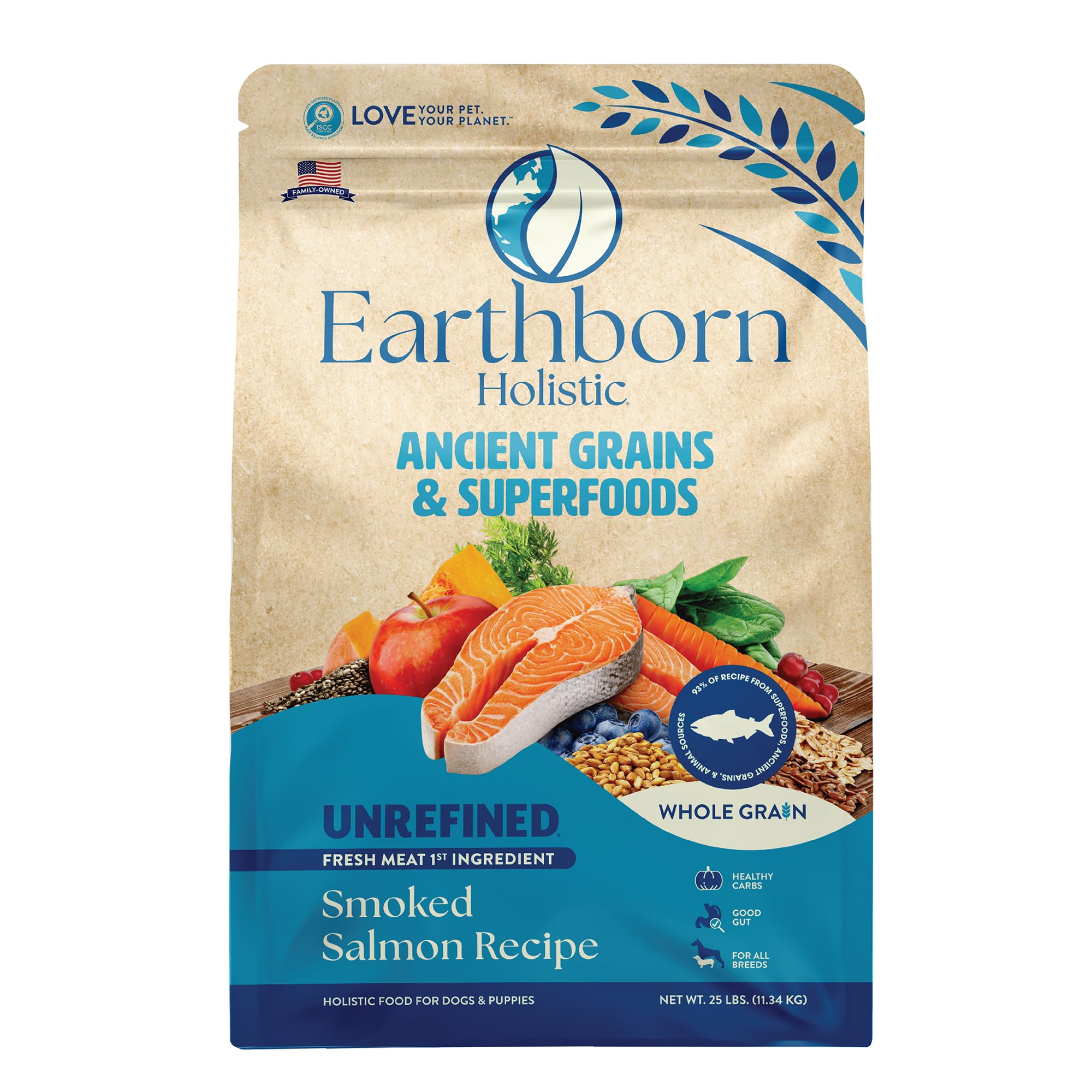 Earthborn Holistic sachet devant montrant la recette et bénéfice nutritionnel