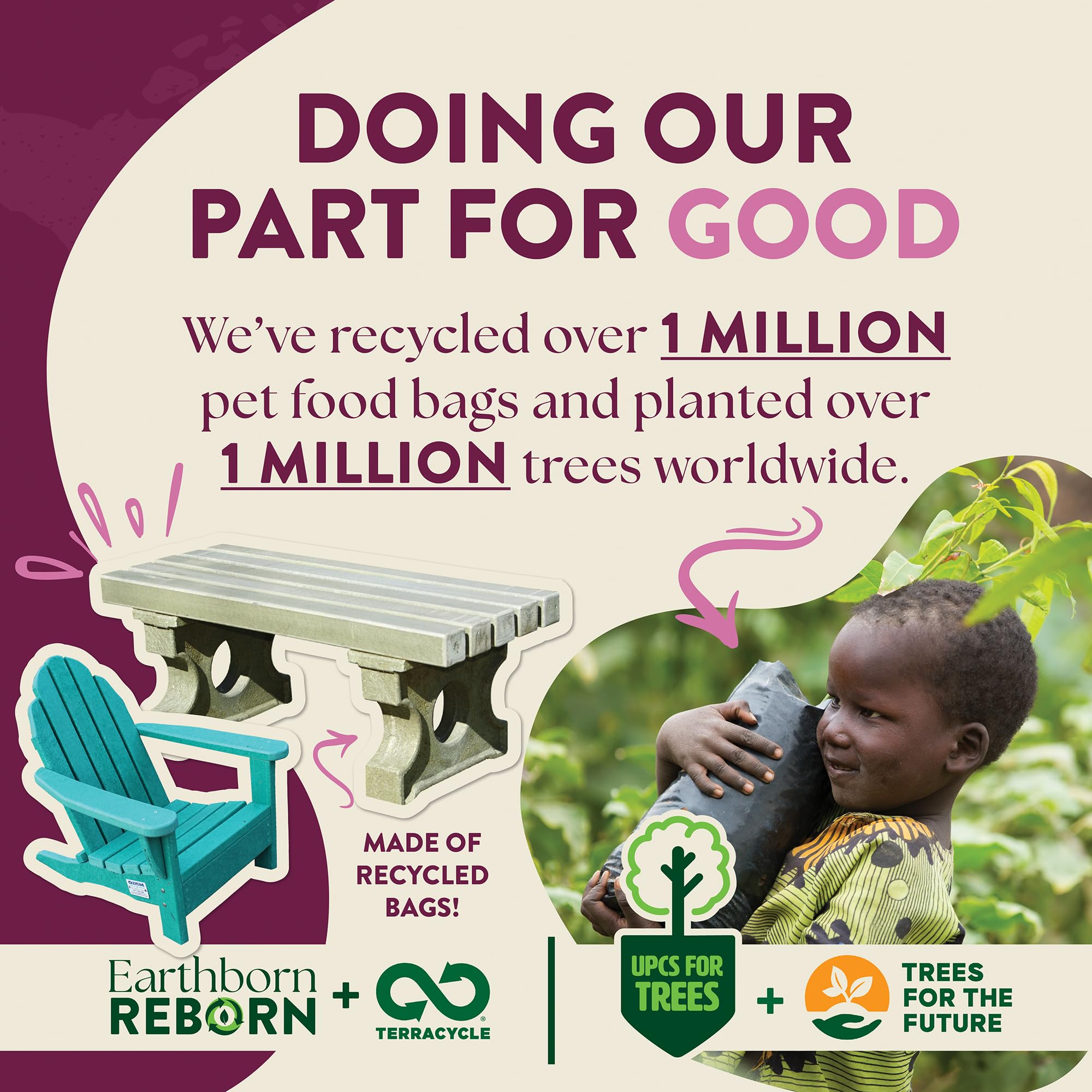 Earthborn Holistic sachet avec symbole recyclé pour engagement écologique