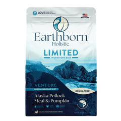 Earthborn Holistic vue du devant du sac montrant l'étiquette et bénéfice nutritionnel