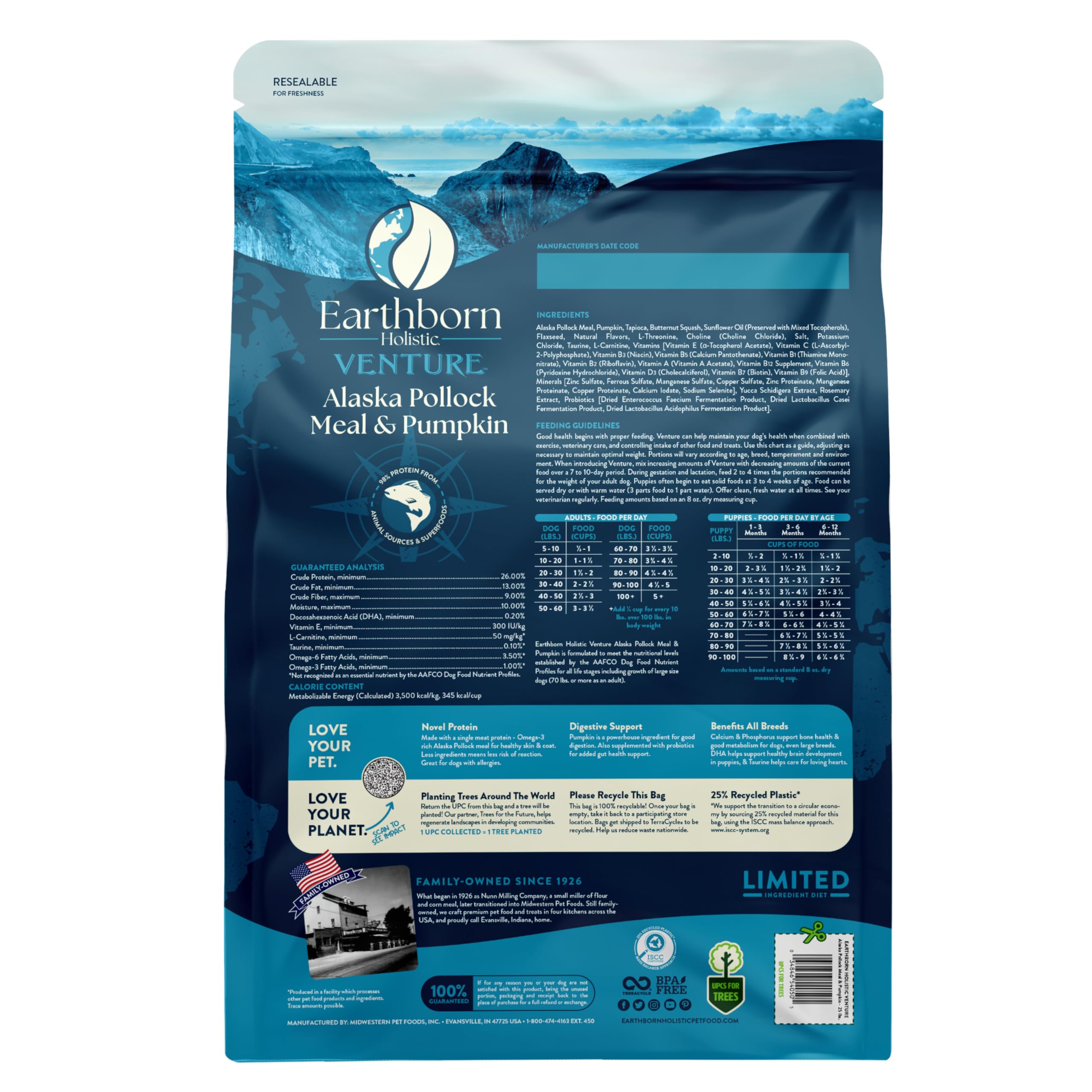 Earthborn Holistic ingrédients visibles citrouille et farine de Pollock pour digestion